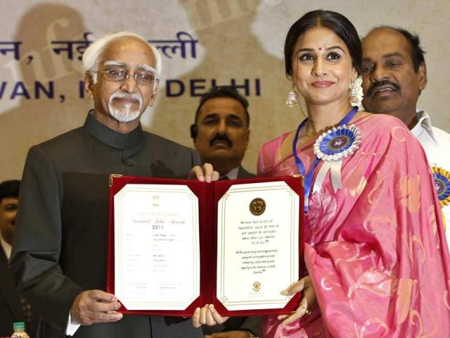Vice President Hamid Ansari conferred the Best Actress award on Vidya Balan for her film Dirty Picture during the 59th National Film Award 2011 in New Delhi on May 3. (AP Photo) Vice President Hamid Ansari conferred the Best Actress award on Vidya Balan for her film Dirty Picture during the 59th National Film Award 2011 in New Delhi on May 3. (AP Photo)