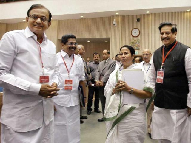 Home Minister P Chidambaram, MoS M Ramchandran, West Bengal CM Mamata Banerjee and Maharashtra CM Prithviraj Chavan at the meeting of chief ministers on National Counter Terrorism Centre (NCTC) in New Delhi. (PTI Photo by Kamal Singh)