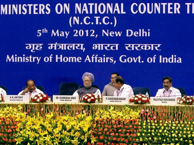 Prime Minister Manmohan Singh, home minister P Chidambaram and defence minister AK Antony at the meeting of chief ministers on National Counter Terrorism Centre (NCTC) in New Delhi. (PTI Photo by Manvender Vashist)