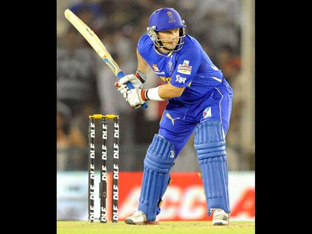 Rajasthan Royals batsman Brad Hodge plays a shot during the IPL Twenty20 cricket match between Kings XI Punjab and Rajasthan Royals at the Punjab Cricket Association (PCA) stadium in Mohali. AFP Photo/Raveendran