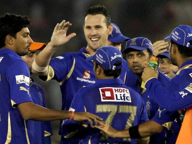 Rajasthan Royals' celebrate the dismissal of Kings XI Punjab's David Hussey during their IPL-5 match in Mohali on Saturday. PTI Photo/Aman Sharma
