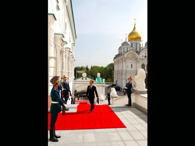 Russian President Dmitry Medvedev walks to take part in an inauguration ceremony of president elect Vladimir Putin. AP Photo/RIA Novosti Kremlin, Mikhail Klimentyev, Presidential Press Service