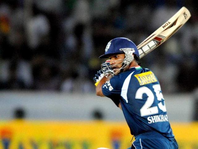 Deccan Chargers batsman Shikhar Dhavan plays a shot during the IPL 5 match played against Kings XI Punjab in Hyderabad on Tuesday. PTI Photo