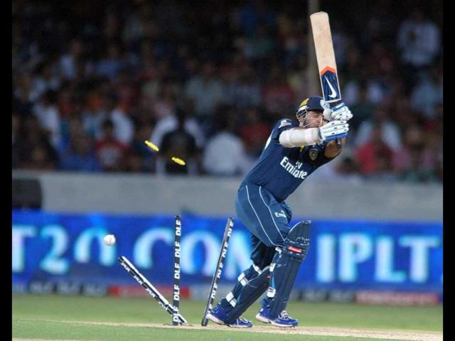 Deccan Chargers Batsman Parthiv Patel is bowled out by Kings XI Punjab bowler Parvinder Awana (unseen) during the IPL Twenty20 cricket match between Deccan Chargers and Kings XI Punjab at Rajiv Gandhi International Stadium in Hyderabad. AFP Photo/Noah Seelam