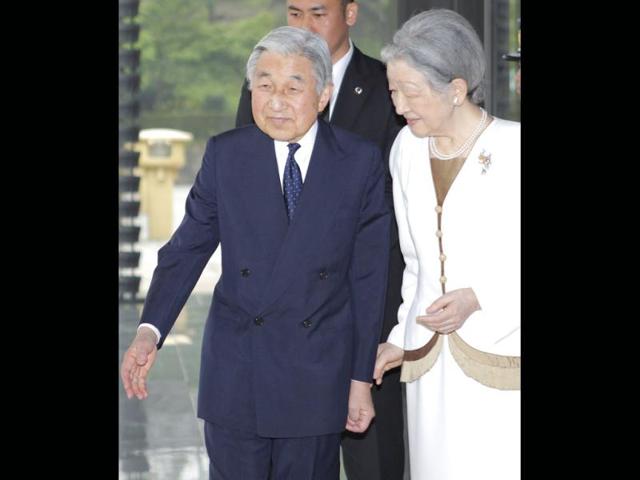 Japanese Emperor Akihito, left, and Empress Michiko receive Peruvian President Ollanta Humala and his wife Nadine Heredia,not in the photo, prior to their luncheon at the Imperial Palace in Tokyo. President Humala in on a three-day official visit to Japan. AP Photo/Itsuo Inouye