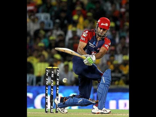 Delhi Daredevils' player Irfan Pathan plays a shot during the IPL-5 match against Chennai Super Kings in Chennai. (PTI Photo/R Senthil Kumar)