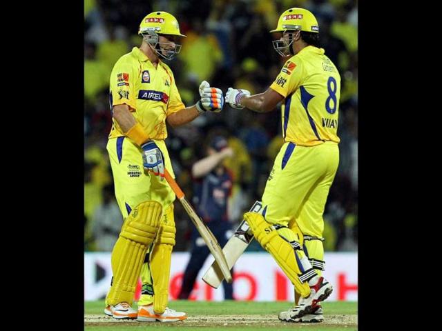 Chennai Super Kings' openers Michael Hussey and Murali Vijay during the IPL-5 match against Delhi Daredevils in Chennai. (PTI Photo/R Senthil Kumar)