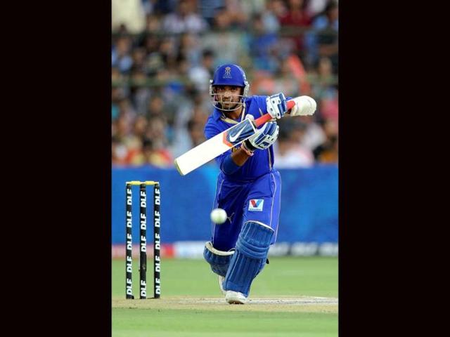 Rajasthan Royals batsman Ajinkya Rahane plays a shot during the IPL Twenty20 match between Rajasthan Royals and Pune Warriors at Swai Mansingh stadium in Jaipur. AFP Photo/Prakash Singh