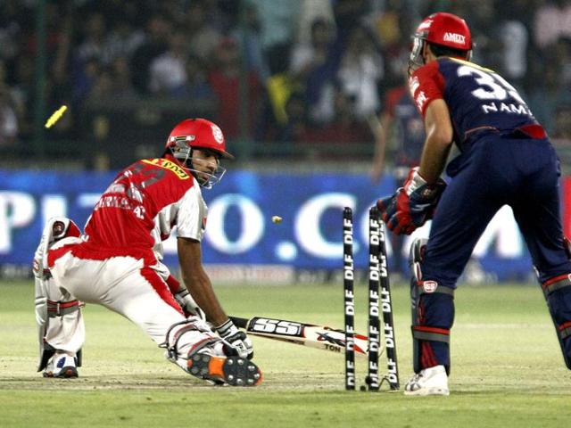 Kings XI Punjab batsman Gurkeerat Singh got out against Delhi Daredevils during the IPL match at Ferozshah kotla ground in New Delhi. HT Photo/Sunil Saxena