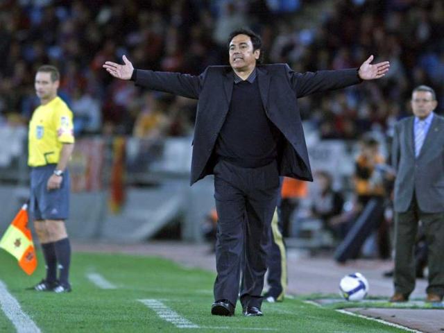 File photo of Almeria's coach Hugo Sanchez reacts during a Spanish La Liga soccer match against Barcelona at the Mediterraneo Stadium in Almeria, Spain. AP/Sergio Torres