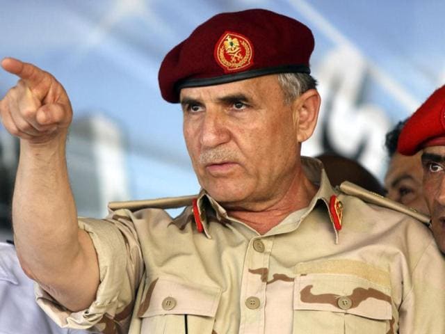 Libya's armed forces chief of staff Yousef al-Mangoush gesture during a military parade by members of the Libyan National Army in Benghazi. Reuters/Esam Al-Fetori