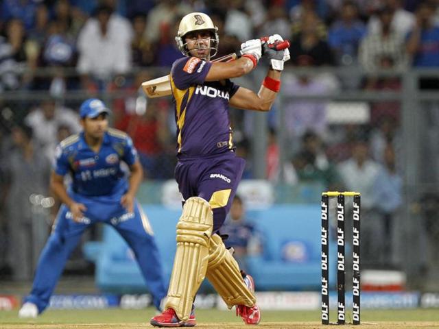 Kolkata Knight Riders player Manoj Tiwary plays a shot during the match between Mumbai Indians and Kolkata Knight Riders at Wankhede Stadium. HT Photo by Kunal P Patil