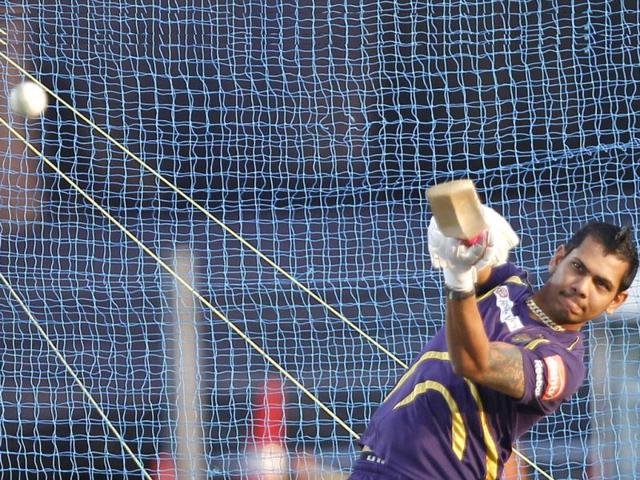 Kolkata Knight Riders player Sunil Narine during the practice session on the eve of match between Pune Warriors India and Kolkata Knight Riders at Subrata Roy Sahara Stadium. HT Photo/Kunal Patil