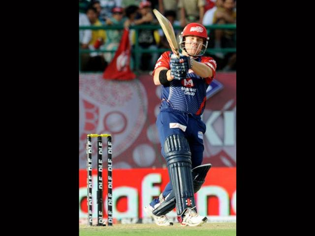Delhi Daredevils player David Warner plays a shot during the IPL Twenty20 cricket match between Kings XI Punjab and Delhi Daredevils at the Himachal Pradesh Cricket stadium in Dharamsala. AFP/Raveendran