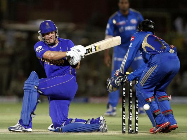 Rajasthan Royals player Shane Watson plays a shot during the match between Mumbai Indians and Rajasthan Royals at Sawai Man Singh Stadium in Jaipur. HT/Sanjeev Verma