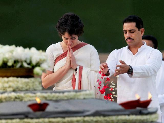 Priyanka Vadra and her husband Robert Vadra pay tribute to former prime minister Rajiv Gandhi on his 21st death anniversary. PTI/Atul Yadav