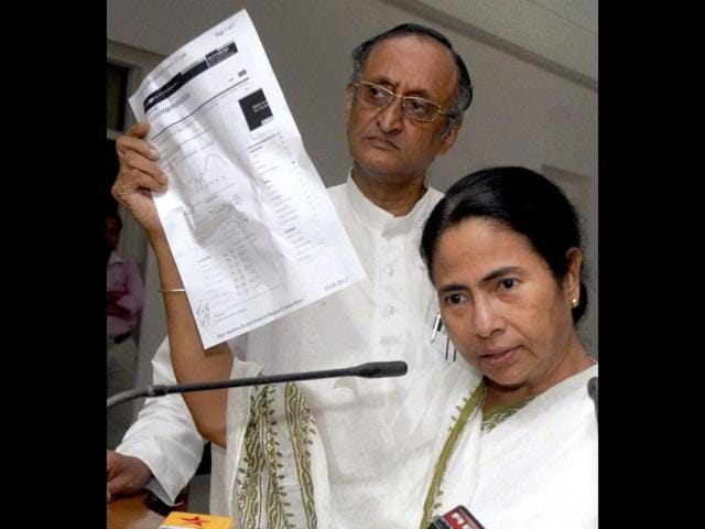 West Bengal chief minister Mamata Banerjee shows market data during a press conference regarding the price hike of petrol, in Kolkata. Also seen in the picture is state finance minister Amit Mitra. PTI photo
