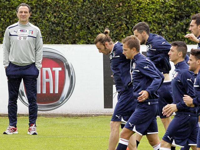 Italy national soccer team coach Cesare Prandelli leads a training session at the Coverciano sports center, near Florence, Italy. AP Photo/Fabrizio Giovannozzi