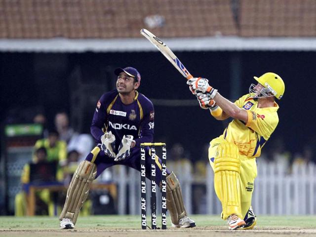Chennai Super Kings batsman Michael Hussey bats during the IPL final match between Kolkata Knight Riders and Chennai Super Kings at MA Chidambaram stadium in Chennai. (Photo by Santosh Harhare / Hindustan Times)