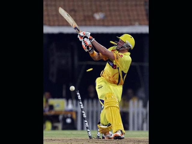 Chennai Super Kings batsman Michael Hussey gets out during the IPL final match between Kolkata Knight Riders and Chennai Super Kings at MA Chidambaram stadium in Chennai. (Photo by Santosh Harhare / Hindustan Times)