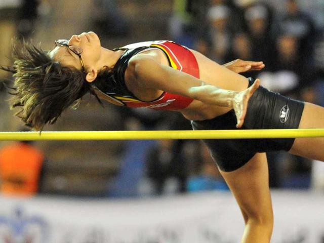 Belgian Tia Hellebaut competes in the High Jump event during the 5th International Mohamed VI Meeting, 9th stage of the IAAF World Challenge, in Rabat. (AFP Photo)