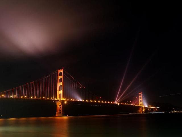 Lights illuminate the Golden Gate Bridge during the celebration of its 75th anniversary. Tens of thousand of people came to San Francisco's waterfront to mark the 75th anniversary of the Golden Gate Bridge, the distinctive orange vermilion structure that attracts some 10 million visitors each year. AFP/Kimihiro Hoshino