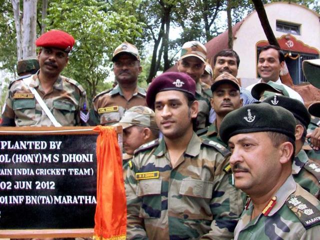 Lieutenant Colonel MS Dhoni, interacts with soldiers on the Line of Control (LoC) on Jammu and Kashmir's border with Pakistan, near Jammu on Saturday. (PTI Photo)