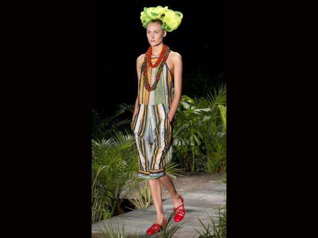 A model wears a creation from Ronaldo Fraga summer collection during the Sao Paulo Fashion Week in Sao Paulo, Brazil. AP/Andre Penne