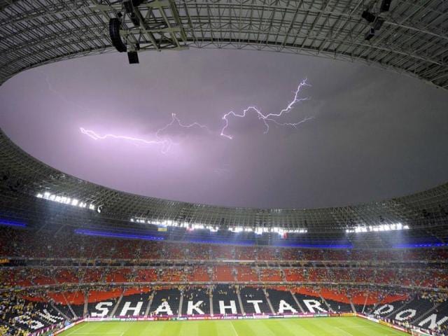 The lightning is seen on the sky above the Donbass Arena during the Group D Euro 2012 soccer match Ukraine vs France in Donetsk. Reuters/Felix Ordonez The lightning is seen on the sky above the Donbass Arena during the Group D Euro 2012 soccer match Ukraine vs France in Donetsk. Reuters/Felix Ordonez