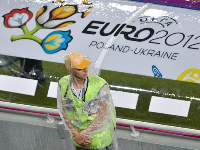 A steward is pictured at the Donbass Arena in Donetsk as the Euro 2012 championships football match Ukraine vs France has been suspended because of bad weather conditions. AFP Photo/Sergei Supinsky A steward is pictured at the Donbass Arena in Donetsk as the Euro 2012 championships football match Ukraine vs France has been suspended because of bad weather conditions. AFP Photo/Sergei Supinsky