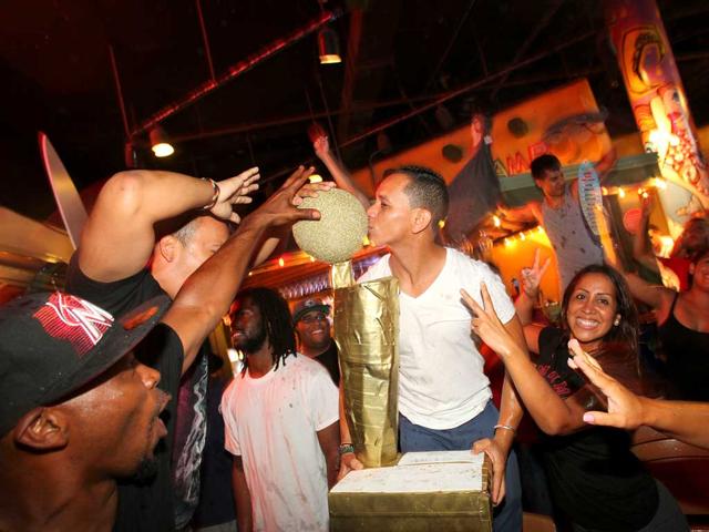 Fans celebrate the Miami Heat's win over the Oklahoma City Thunder in the 2012 NBA Finals in Miami, Florida. Joshua Lott/Getty Images/AFP