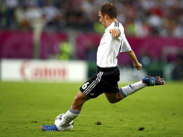 Germany's Philipp Lahm scores a goal during the Euro 2012 quarter-final soccer match against Greece at the PGE Arena in Gdansk. (Reuters/Kai Pfaffenbach)
