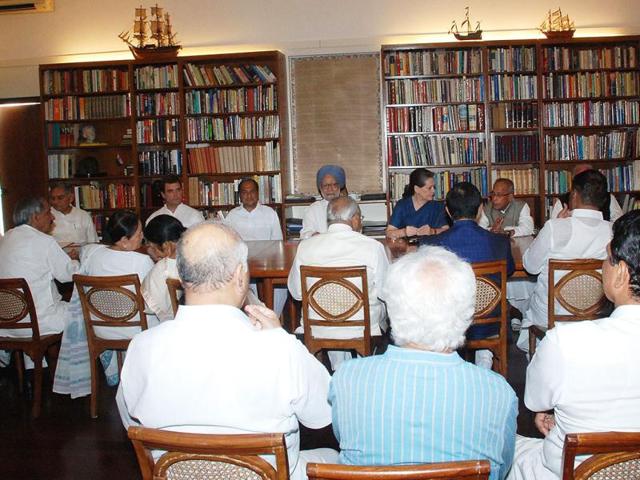 Congress President Sonia Gandhi presiding over the Congress Working Committee meeting at her 10 Janpath residence in New Delhi. Prime Minister Manmohan Singh, UPA Presidential candidate Pranab Mukherjee, Party General Secretary Rahul Gandhi and others also seen in the picture. Agencies
