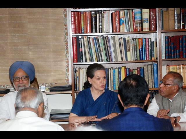 Congress President Sonia Gandhi, Prime Minister Manmohan Singh, UPA Presidential candidate Pranab Mukherjee at the Congress Working Committee meeting in New Delhi on Monday. Agencies