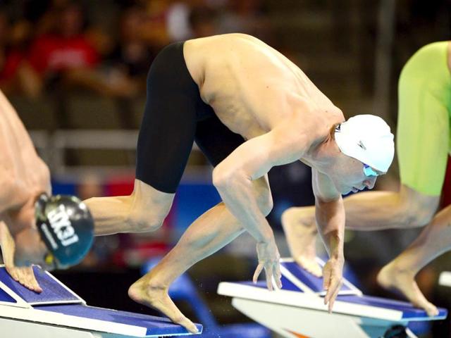 Peter Vanderkaay starts in the men's 200-meter freestyle preliminaries at the US Olympic swimming trials in Omaha, Nebraska. AP/Mark J. Terrill