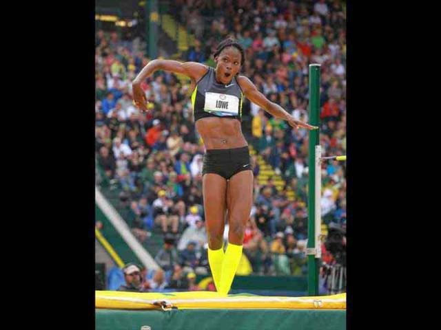 Chaunte Lowe celebrates on the way to victory in the Women's High Jump on Day 9 of the 2012 US Olympic Track & Field Team Trials at Hayward Field in Eugene, Oregon. AFP/Andy Lyons