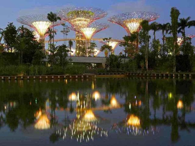 The giant concrete tree-like structures of Supertrees Grove of the Gardens by the Bay are pictured at dusk in Singapore. The 101-hectare gardens situated at the heart of Singapore's new downtown at Marina Bay have two greenhouses and 220,000 plants from almost every continent. Reuters/Tim Chong