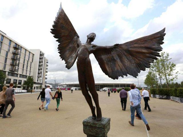 A statue of Icarus marks the way to the 5000 capacity temporary dining hall of the Olympic Village built for the London 2012 Olympic Games in Stratford, east London. The village will accomodate up to 16,000 athletes and officials from more than 200 nations. Reuters/Olivia Harris