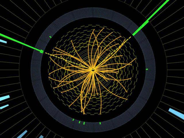 An undated handout graphic distributed on by CERN in Geneva shows a representation of traces of traces of a proton-proton collision measured in the Compact Muon Solenoid (CMS) experience in the search for the Higgs boson. Physicists have found a new sub-atomic particle in their search for the Higgs boson, a top CERN scientist said. AFP photo