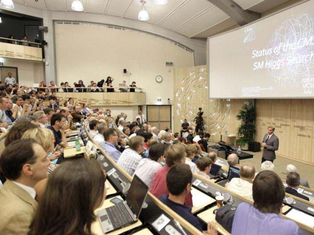 Joe Incandela, spokesperson of the CMS experiment, addresses a scientific seminar to deliver the latest update in the search for the Higgs boson at CERN in Meyrin near Geneva. Reuters photo/Denis Balibouse