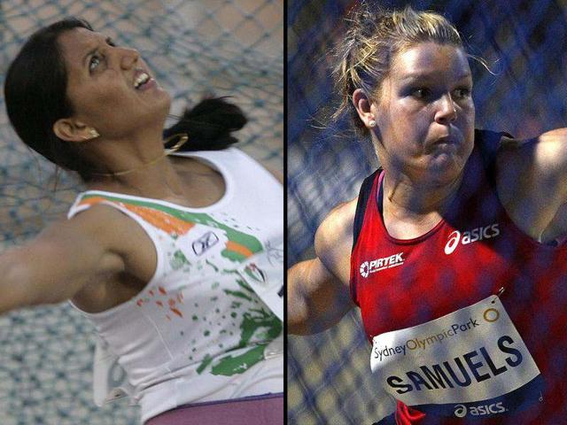 India's Krishna Poonia and World Champion Dani Samuels of Australia in the women's discus event. REUTERS India's Krishna Poonia and World Champion Dani Samuels of Australia in the women's discus event. REUTERS
