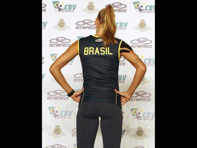 Brazil's volleyball player Marianne Steinbrecher presents the new national team uniform for the London 2012 Olympic Games at Brazilian Volleyball Federation's training centre in Saquarema, in Rio de Janeiro. (Reuters/Sergio Moraes)