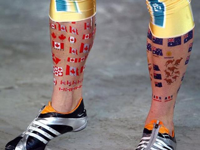 Australia's Christopher Spring displays his tattoo during the 2010 Vancouver Winter Olympics in Whistler, Canada.