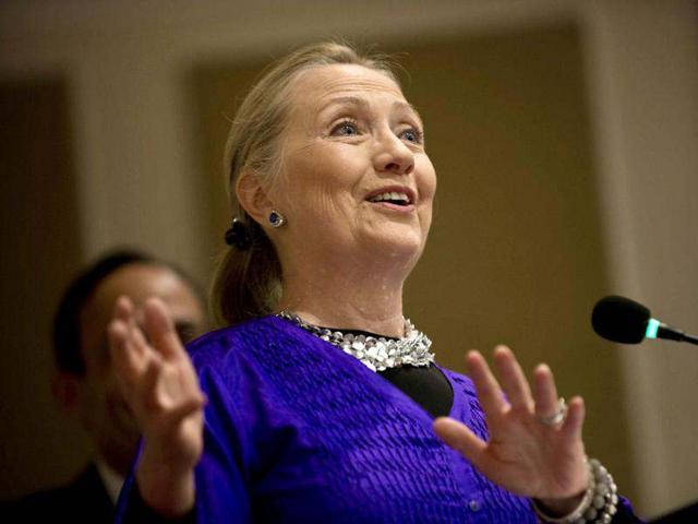 US Secretary of State Hillary Rodham Clinton speaks to US Embassy staff at the Le Royal hotel in Phnom Penh, Cambodia. AP/Brendan Smialowski