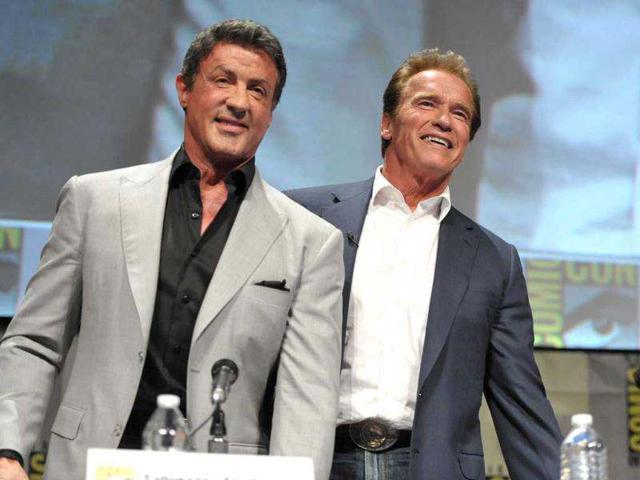 Sylvester Stallone and Arnold Schwarzenegger attend The Expendables Panel at Comic-Con. (AP)
