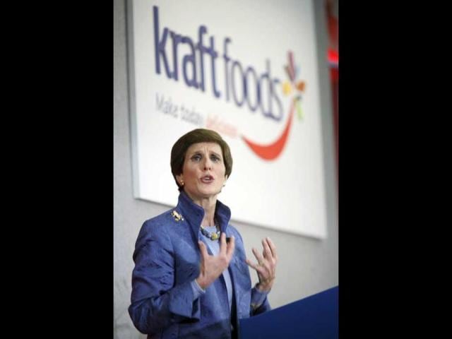 Kraft Foods Inc CEO Irene Rosenfeld speaks at the company's headquarters during the launch of their new corporate logo, in Northfield, Illinois. Reuters/John Gress