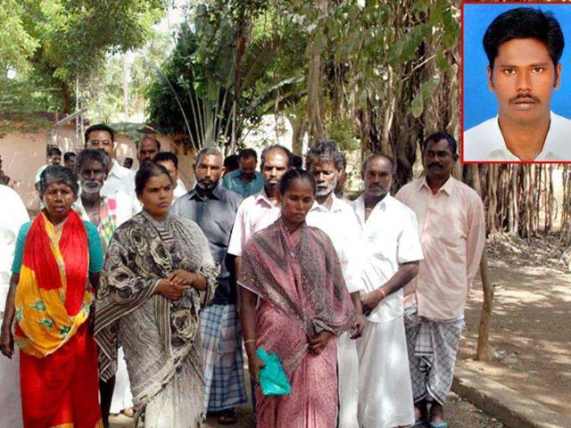 Relatives of killed fisherman Sekar (inset) arrives at the collectorate to submit a petition in Ramanathapuram. Sekar was killed when a US Navy ship opened fire on a small boat off the Dubai coast. PTI photo