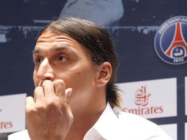 AC Milan striker Zlatan Ibrahimovic, of Sweden, seen during a press conference at the Parc des Princes stadium in Paris after signing an agreement with the Paris Saint Germain (PSG) club. AP/Jacques Brinon