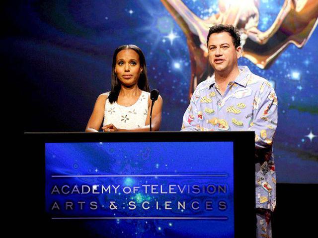Actress Kerry Washington (L) and TV host Jimmy Kimmel speak onstage during the 64th Primetime Emmy Awards Nominations held at the Television Academy's Leonard H. Goldenson Theatre in Los Angeles, California. AFP photo