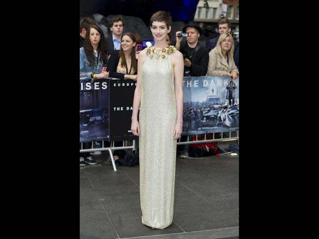 Anne Hathaway, arrives for the European premiere of The Dark Knight Rises, at a central London cinema. (AP)